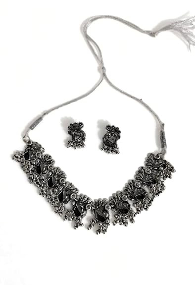 TA Artificial Jewellery Set for Women, Traditional Ethnic Wedding Style, Oxidised Silver, Necklace with Earrings