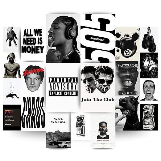 TA Hip Hop Flo Wall Collage Kit | 21 Rap & Hip-Hop Posters + Wall Friendly Adhesive | Black & White Rap Culture Aesthetic Prints for Men's Bedroom, Dorm & Studio