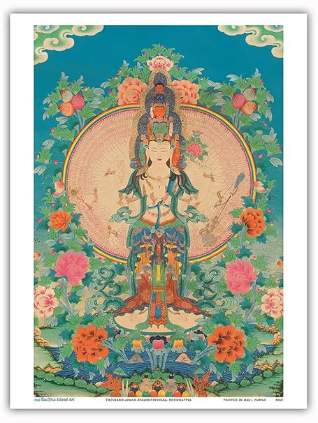 TA Thousand-armed Avalokiteshvara - Kuan Yin Poster Print | Vintage Tibetan Thangka Buddhist Painting, c.17th century, poster print, unframed, 9 x 12 in