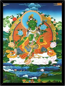 TA  Green Tara Maa Painting with Frame | Green Tara Maa Photo | Tibetan Thangka Paintings for Meditation Room, Yoga Space & Home Temple | Spiritual Buddhist Wall Decor | 10x13 Inch