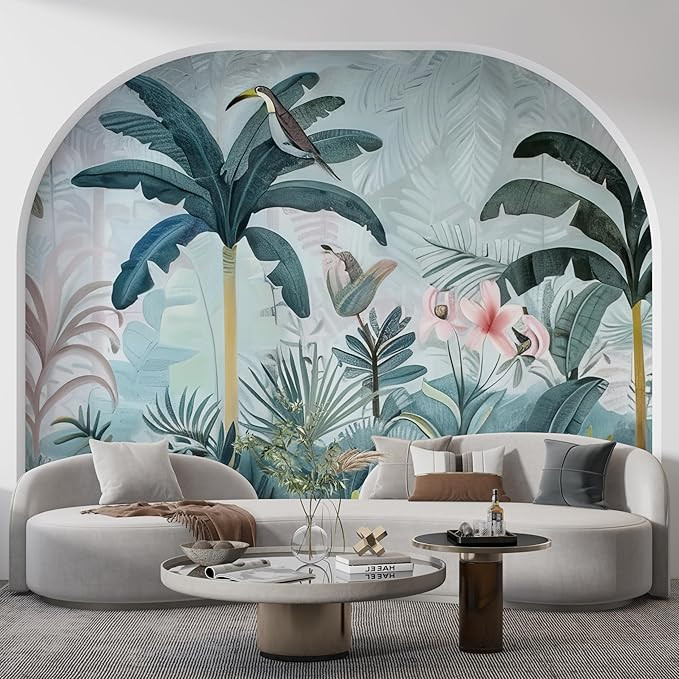 TA   Tropical Paradise Wall Mural, Palm Trees and Birds Design, Large Format Wallpaper for Living Room, Blue and Green (6 feet x 8 feet, self adhesive Vinyl) WPVL-035-6X8