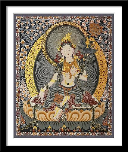 TA Bodhisattva Tara (Rabzhima - The Peaceful) - Bhutanese Style Buddhist Thangka - Small Framed Poster(Paper,12 x 17 inches, Multicolour)