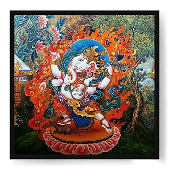 TA Ganesha Tibetian Thangka | Framed Canvas with Size 10" X 10" and Black Color Frame