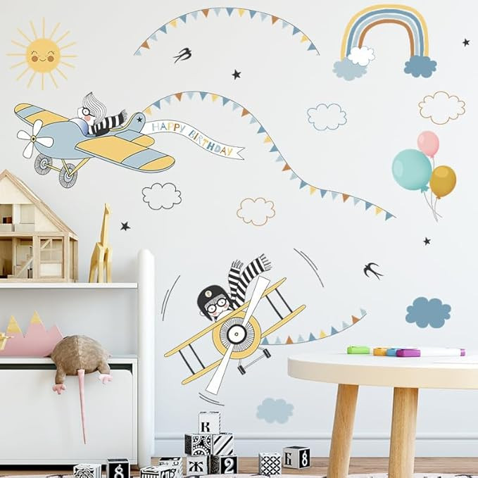TA  Adorable Flying Airplane Bunny Rabbit Nursery Mural Wallpaper with Sun, Rainbow, Balloons, Happy Birthday Garland and Clouds Background Children's Bedroom, Playroom D�cor