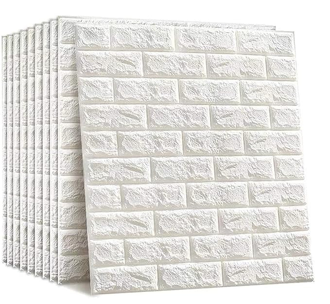 3D Brick Wallpaper PE Foam self Adhesive Brick Design Wall Stickers/DIY Wallpaper for Home Hotel Living Room Bedroom Cafe Deco White - Pack of 10 (70 x 77cm, Appx. 5.8Sq Feet)