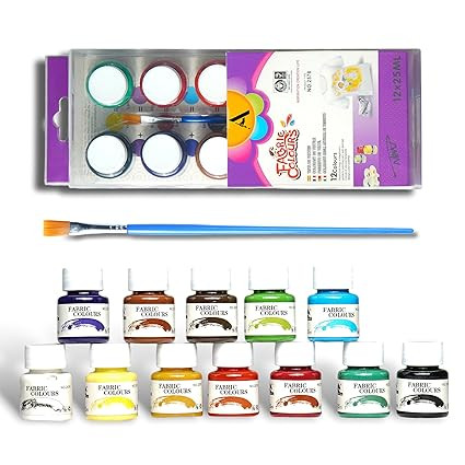 TA 12 x 25ml Fabric Paint Set with Free Paintbrush - Acid-Free, Non-Toxic, and Rewettable Multicolored Artists' Fabric Colors for Painting on Fabrics and Textiles