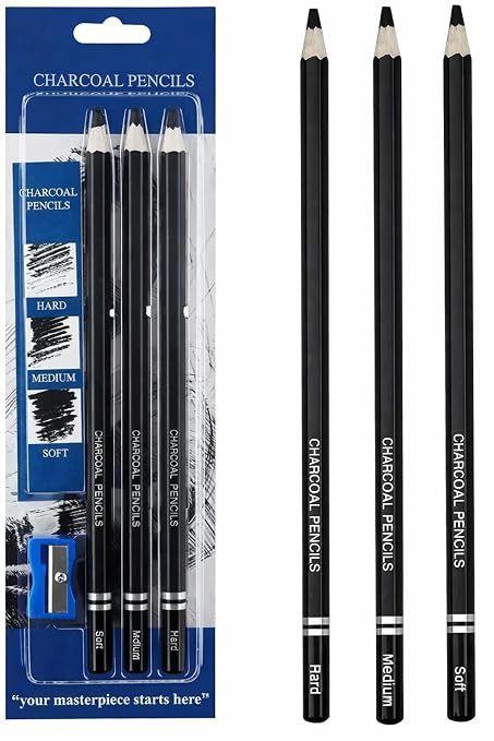TA Artist Black Charcoal Pencils Set - 3 Pieces Soft Medium and Hard Drawing Pencils for Sketching, Shading Sharpener Included