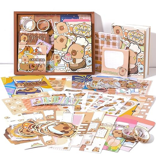 TA Kawaii Scrapbooking Kit A6 Junk Journal Cute Animal Stickers Decor Collage Paper Washi Tape DIY Craft Art Creative Diary Activity Present Kids Teens Girls (Happy Capybara, Brown)