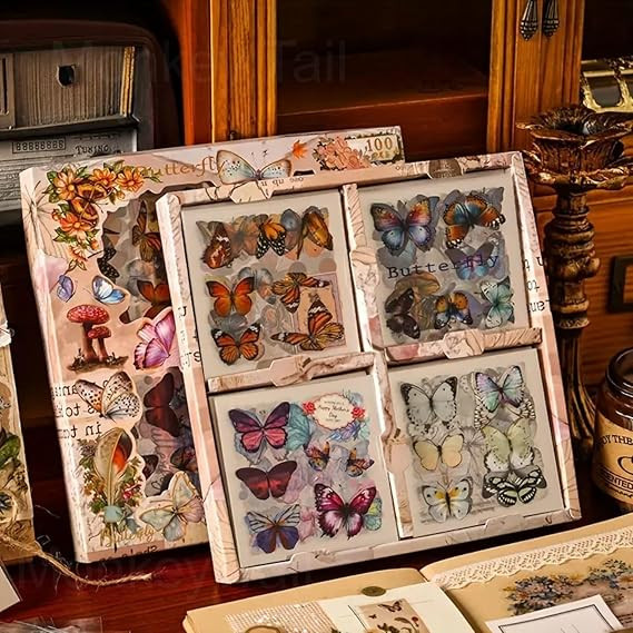TA 100 Pcs Butterfly Stickers Box Set for Kids | Vintage Self-Adhesive Kawaii Stickers for Journaling, Scrapbooking, DIY Crafts, Greeting Cards & Art Projects | Birthday Gift for Girls
