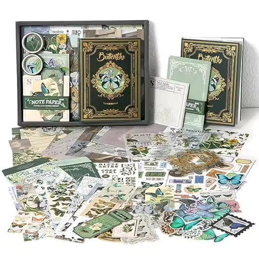 TA Vintage Scrapbooking & Journaling Kit – Aesthetic DIY Craft Set with Stickers, Decorative Paper, Collage Supplies for Scrapbook, Planner, Photo Album & Art Projects (Butterfly Green)