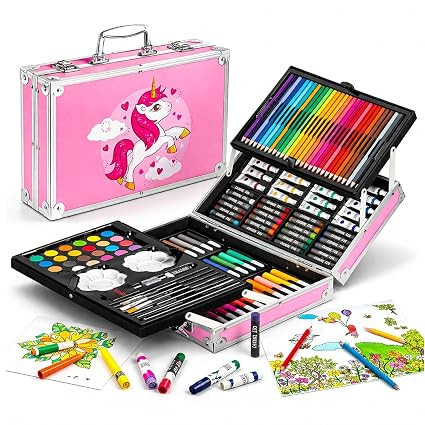 TA 145 Pieces Unicorn Art Set for Kids Drawing Painting Kit with Premium Storage Case Water Colors Oil Pastels Color Pencils Sketch Pens Crayons Paint Brush Sharpener Eraser Creative Art