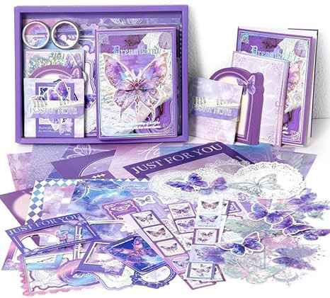 TA  Vintage Aesthetic Scrapbook Kit(346Pcs) Scrapbooking Supplies Kit with Bullet Junk Journal,Stationery,A6 Grid Notebook Journaling Gift for Girl (Purple Butterfly Book)
