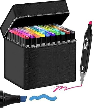 TA 48 Pcs Marker Set. 48 Pieces Dual Tip Colourful Art Markers Sketch Pens. Broad & Fine Double Head. For Painting, Sketching, Drawing & Coloring. Professional Permanent Markers. Carrying Case.