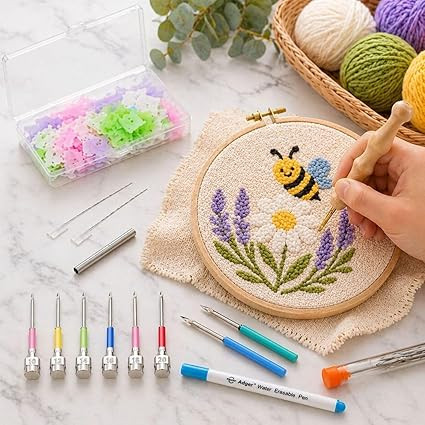 TA 24PCS Punch Needle Kit - 9 Sizes Punch set For Embroidery, Needle Threader, Wooden Handle Embroidery Pen, Floss Winding Board, DIY Sewing Tools, Rug Making Tool for DIY, Cross Stitch, Yarn Craft