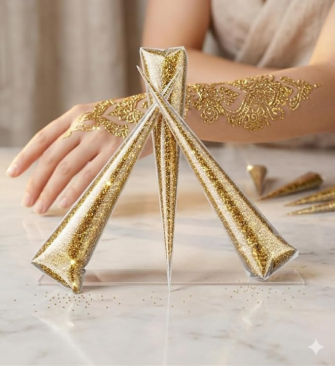 TA Gold Glitter Glue Cones for Arts & Crafts, Pack of 3 | Smooth Flow, Multi Surface Use, Non-Toxic & Safe, Permanent Bond, Lippan Art