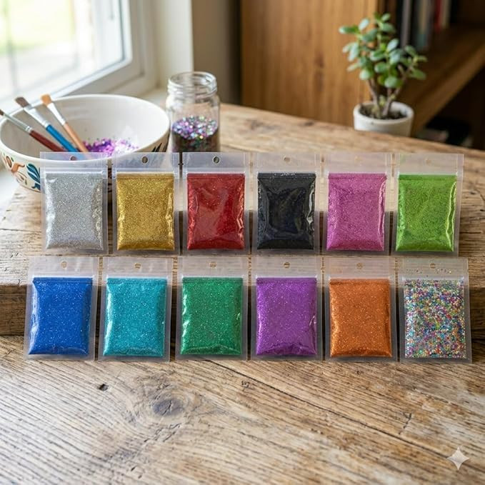 TA  Ultra Fine Glitter Powder Set, 12 Vibrant Shades, Silver, Gold, Red, Black, Pink, Blue, Green, Purple, Orange, Multicolor, 60g