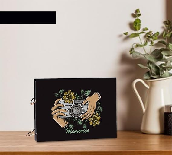 TA Vintage Camera Photo Album with Floral Design, Black Hardcover Memory Book, Ring Bound Scrapbook. (Size - 22 x 16 cm, with 20 pages thick matte.)
