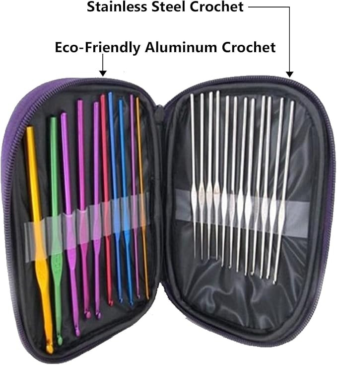 TA  22 Pcs Crochet Hook Set with Zipper Case – Steel & Aluminum Knitting Needles Kit (0.6mm–6.5mm) for Beginners & Professionals | Ergonomic Crochet Hooks for Yarn, Sewing & Craft DIY
