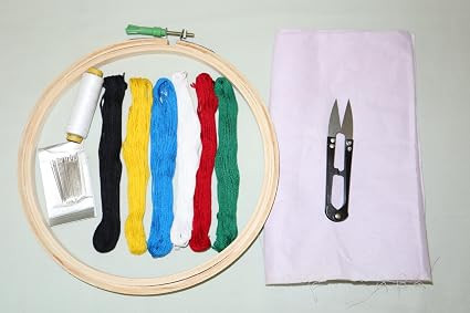 TA Beginner's Embroidery Kit from Needlework hub Includes Embriodery Threads, White Machine Thread, Needles, 8 inch Frame, Cutter and Half metre Cloth