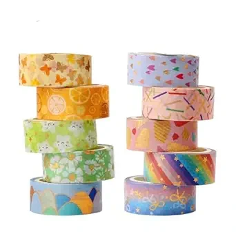 TA Decorative Washi Tape Set 10 Rolls Colorful Masking Tape | Easy Tear Adhesive Tapes for Scrapbooking, Journals, Planners, Card Making, Gift Wrapping, DIY Crafts & School Supplies