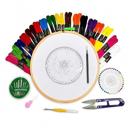 TA Embroidery Kit for Beginners, Beginner Embroidery Kit with 8 Inch Wooden Hoop, Cloth, 30 Colour Embroidery Threads, 25 Needles, Thread Cutter, Seam Ripper, Needlework DIY Stitching Kit