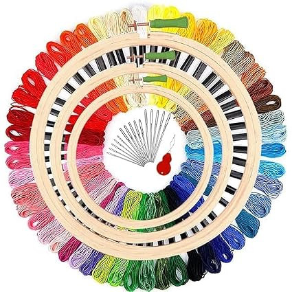 TA Material Kit for Beginners with 3pcs Wooden Embroidery Hoop (Size: 5”,6” and 8” Inches) 25pcs Multicolor Threads and 18pcs Needles,Threaders 1pcs (Embroidery Kit)