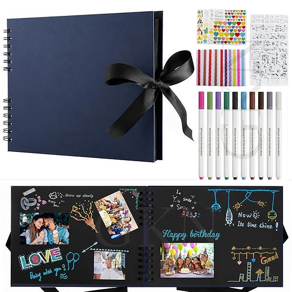 TA  Scrapbook Album Kit 40 Sheets/80 Pages Photo Album for Anniversary Birthday Wedding Memory Book with Metallic Pens, Stickers & DIY Accessories (Black)