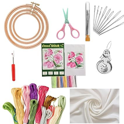 TA Cross Stitch Embroidery Starter Kit, Multi Color, 5-8 Inch Hoops, 20 Threads, Complete Set with Needles, Scissors, Threader, Cross Mat, Seam Ripper, Poplin Cloth