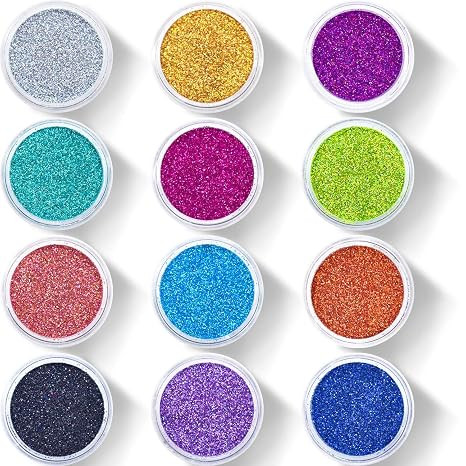 TA Pack of 12 Premium Glitter Sparkle Powder/Dust (Assorted Colours) for Arts and Crafts, Scrapbooking, Paper Decorations and Other Activities