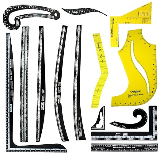 TA  Tailoring Scale Set, 14-Piece Fashion Designing Ruler Kit, French Curves, Hip Curves, 60 cm and 30 cm L-Square, Armhole Rulers, Pattern Making, Black and Yellow