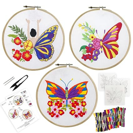 TA Cross Stitch Embroidery Kit Combo Pack for Beginners & Adults - Includes 3 Unique Designs, Hoop, Printed Fabric, Threads, Needles, Cutter, and Instructions -Craft Hobby, Multicolor