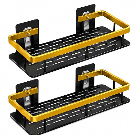 TA Self-Adhesive Wall Mounted Bathroom & Kitchen Storage Organizer Rack | Premium Rustproof Aluminum Shower Caddy Shelf | No Drill Bathroom Shelf with Installation Kit | Black & Gold | 2-Piece Set
