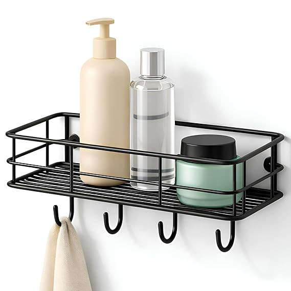 TA Bathroom Organiser Without Drill Self Adhesive Bathroom Shelf for Wall GI Steel Powder Coated Rustproof Bathroom Rack Stand for Shampoo Toiletries Heavy Duty (Black, Pack of 1)