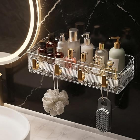 TA Wall Mounted Bathroom Shelf Organizer with Towel Bar & Hooks, Self Adhesive Storage Rack for Bathroom Accessories, Shower, Sink Area, Kitchen and Home Organization