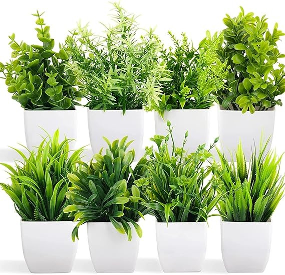 TA Artificial Potted Plants Green Artificial Plastic Eucalyptus Plants Small Indoor Potted Houseplants Small Faux Plants for Home Decor Bathroom Office Farmhouse. (Set-8)