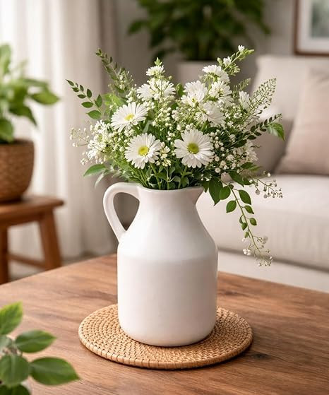 TA Ceramic Milk Jug Vase Vintage Farmhouse Style Decorative Flower Pitcher Tabletop Rustic Home Decor Accent Display Piece
