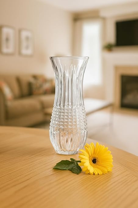 TA 6 inch Glass Dimond Cut Flower Vase Modern Glass Vase for Flower Plants for Home Decor, Centerpiece, Office, Living Room, Bedroom Table Top Decoration Items (Pack of 1)