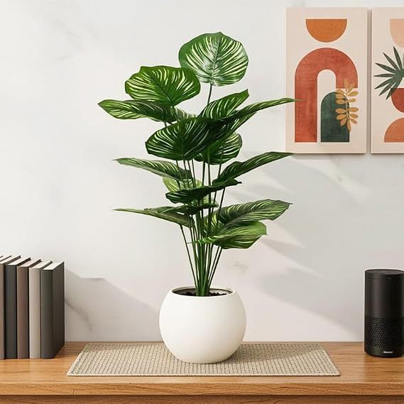 TA 30 Inch Artificial Plant Philodendron with Black Pot Tropical Caladium Ornamental Plant for Indoor and Outdoor, Home, Shop, Office, Restaurant Decor Dark Green (Pack of 1), Plastic