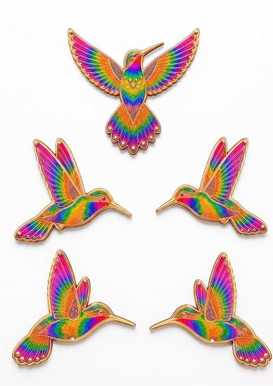 TA 3D Macaw Parrot Wall Hanging |Set Of 5 wooden wall art for home decor|Wooden Flying Birds Wall Decoration| Living Room|Office | Unique Gift Item (Humming Bird Rainbow)