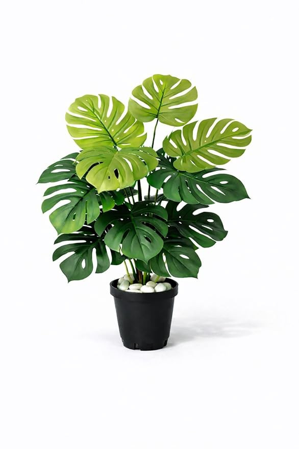 TA Artificial Plants for Decoration |Artificial Plants with Rubber Leaves Faux Monstera Turtle Leaf|Decorative Fake Plants for Home,Living Room,Office & Outdoor| 26 Inch with Black Pot & Pebbles