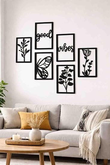 TA Goods Vibes Wall Plate for Home, Home Decor, Wall Hanging, Gift, Wall Decoration, Black Wooden Wall Art Decor with Botanical and Floral Designs, 6 Piece Set