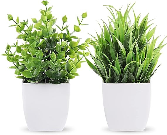 TA Artificial Potted Plants, Artificial Plastic Eucalyptus Plants Small Indoor Potted Houseplants, Small Faux Plants for Home Decor Bathroom Office Farmhouse (Set 0F 2)