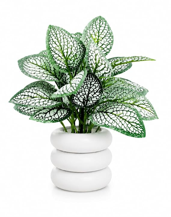 TA Premium Artificial Green Vein Plant with Modern White Pot, Realistic Look, Zero Maintenance, Perfect for Living Room, Office, Shelf Decor (White)