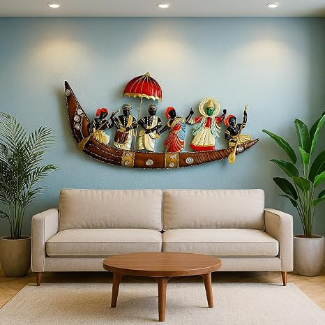 TA Kathakali Ship with LED Metal Wall Decor/Wall Sculpture/Wall Hanging for Home Decoration Perfect for Living Room/Bedroom/Drawing Room/Hotel/Restaurant (Size 32x15 Inch)