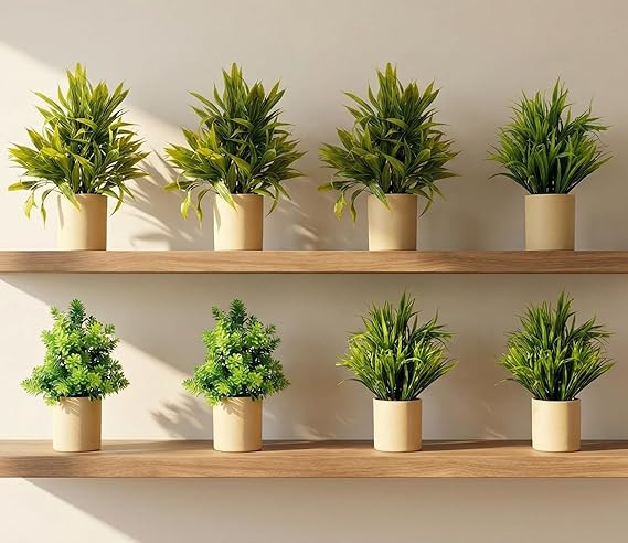 TA Artificial Potted Plants, Artificial Plastic Eucalyptus Plants Small Indoor Potted Houseplants, Small Faux Plants for Home Decor Bathroom Office Farmhouse (Cylinder Brown Pot-8)