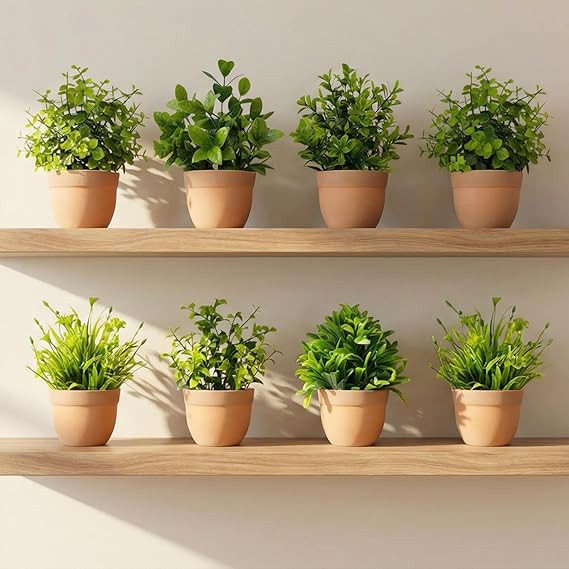 TA Artificial Potted Plants, Artificial Plastic Eucalyptus Plants Small Indoor Potted Houseplants, Small Faux Plants for Home Decor Bathroom Office Farmhouse (Round Brown Pot-8)