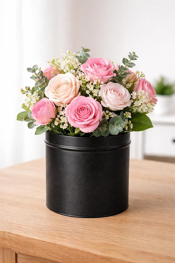 TA Artificial Pink Dahlia Flower with Green Leaves in Black Pot, Decorative Faux Plant for Home Decor (Pack of 1)