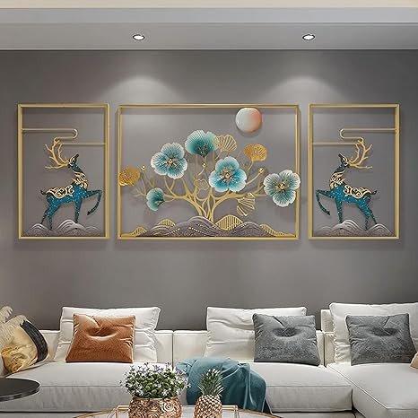 TA ZXC Metal Wall Decor Set of 3 Ginkgo Leaves and Deer,Large Handmade Metal Wall Art Sculpture, Decor Gift for Living Room Bedroom Office Study With LED