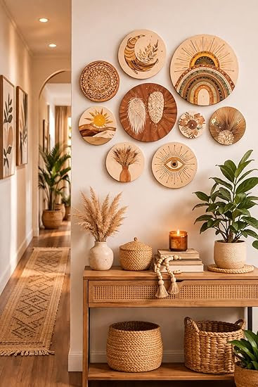 TA Wall Decor Set of 9, Printed MDF Wooden Wall Plates, Multicolour, Tribal Boho Ethnic Style, Matte Finish, for Living Room, Hallway & Bedroom