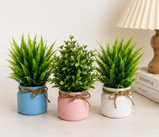 TA Artificial Potted Plants Plastic Pots, Lifelike Greenery, Stylish Home Décor, Small Faux Plants for Home Decor Bathroom Office Farmhouse (Matka Multicolor) (Multicolor - Pack of 3)